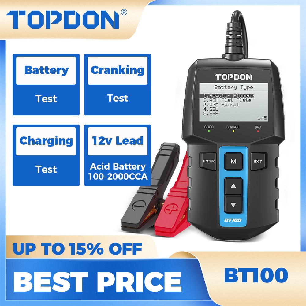 2026 TOPDON BT100 12V Car Battery Tester Load Tester Charging System Analyzer