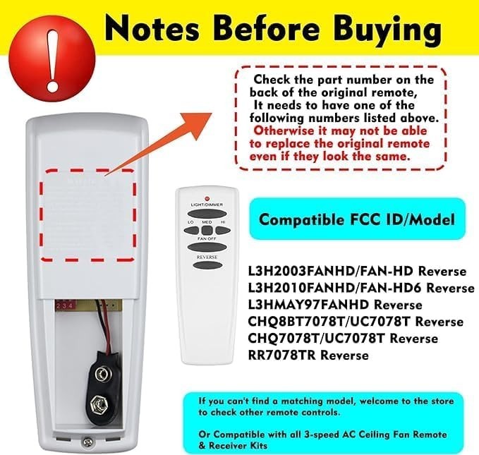 Ceiling Fan Remote Replacement - Reverse, 3-Speed & Light Dimmer for Hampton ...