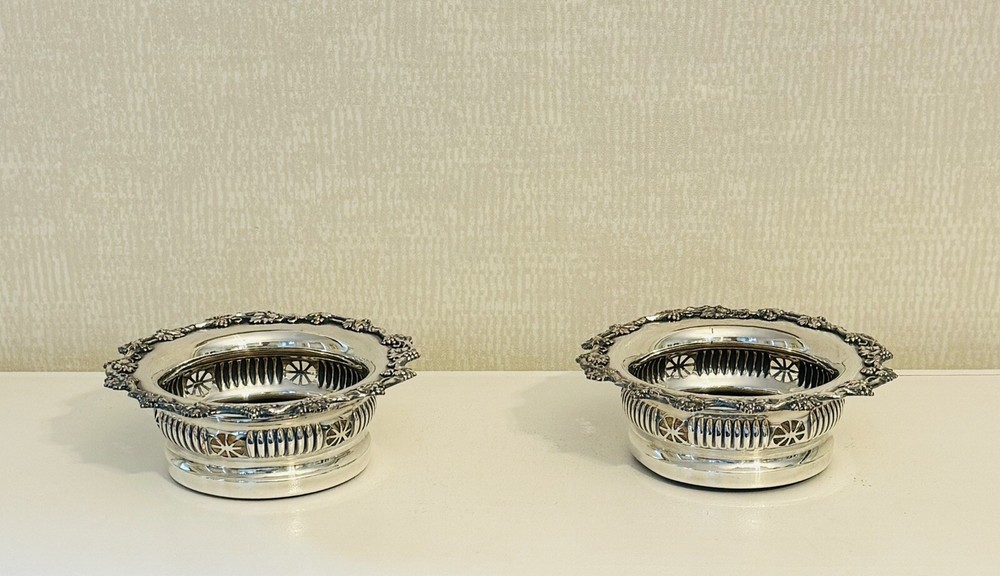 Antique Grape Decorated Silverplate  Pair Wine Coasters With Wood Inserts