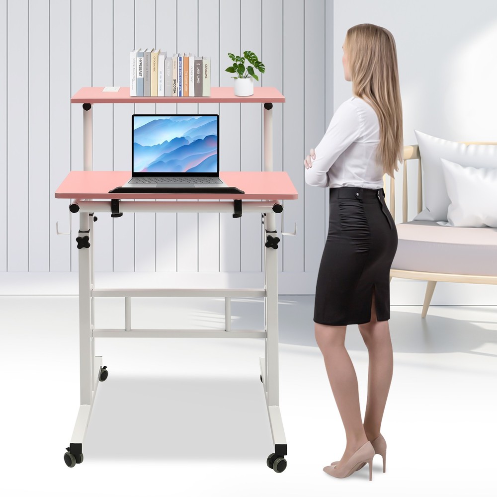 Mobile Adjustable Standing Desk with Dual Desktop for Home & Office