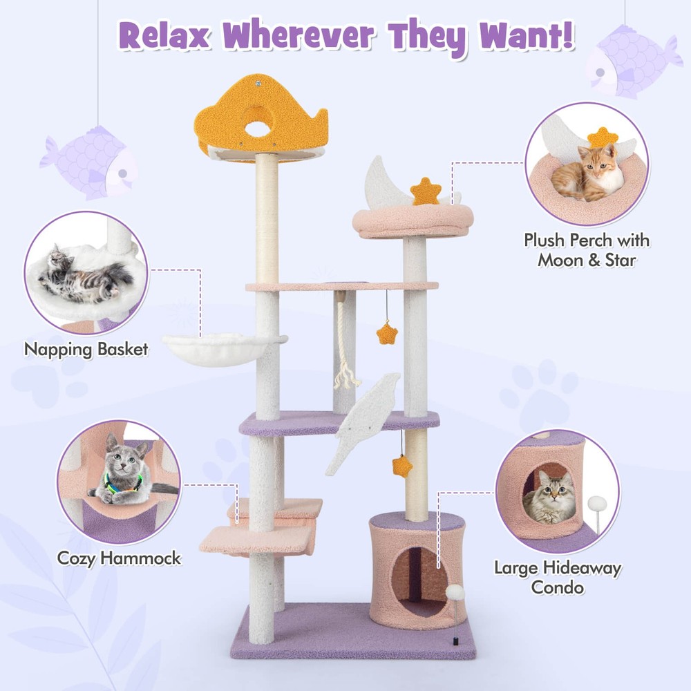 Cat Tree Cats Multi-level Cat Tower w/ Sisal Covered Scratching Posts, Hammock