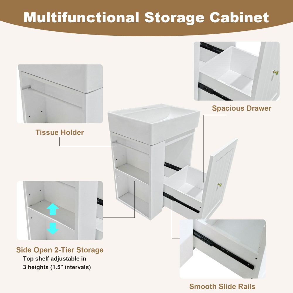 Bathroom Vanity with Ceramic Sink Includes Drawers and Side Shelves