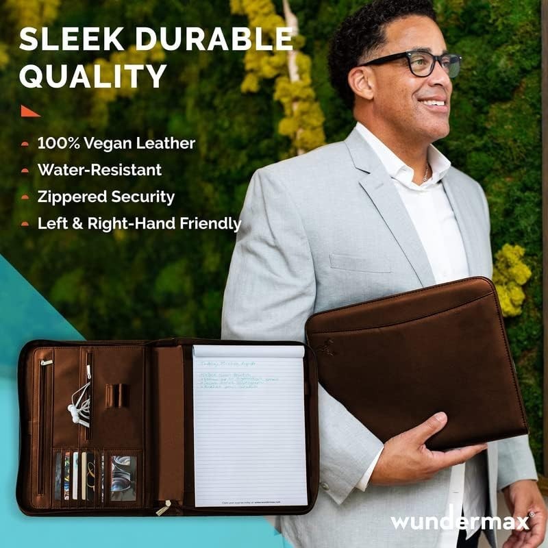 Wundermax Vegan Leather Portfolio Zipper Padfolio Organizer Notepad Tablet Brown