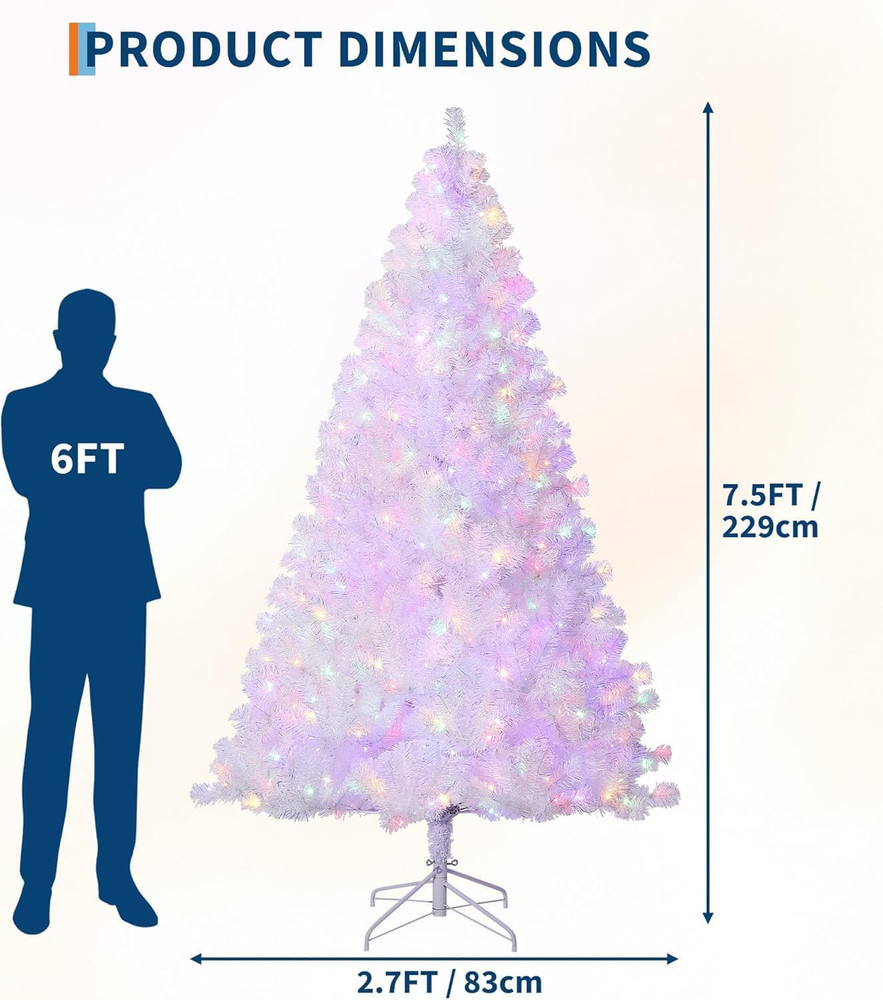 7.5Ft Pre-Lit White Christmas Tree with 450 LED Lights - Easy Assembly