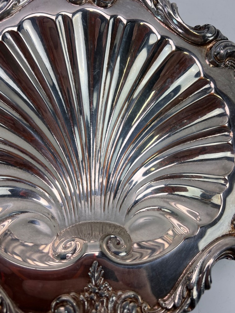 Antique Silver Plated Shell Dish Tray Ornate Footed Serving Bowl Decor