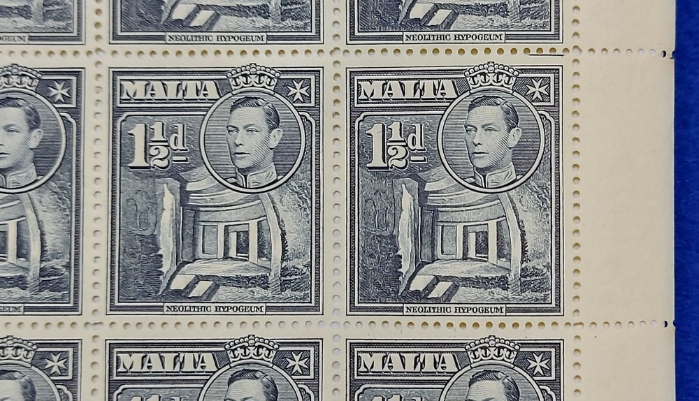 1938-43 Malta, 1½d Slate-black Full Sheet with Error/Flaws, SG 220b
