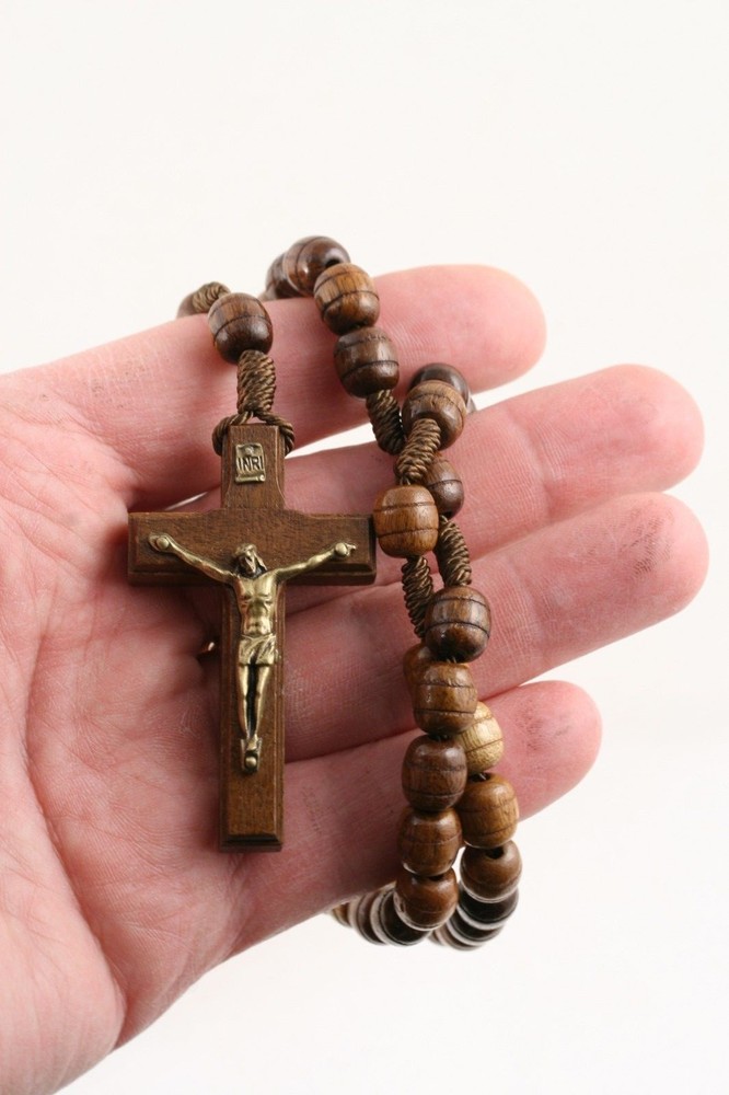 Rosary Necklace for Men Wooden Brown Carved Beads Strong Cord Rope Catholic