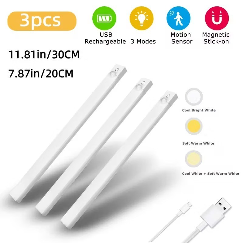 3-Pack LED Under Cabinet Lights, Rechargeable Motion Sensor, 3 Color Dimmable