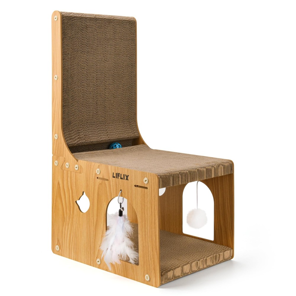 L-Shaped Double-Layer Cat Scratching Board Cardboard Post with Toys Hideaway