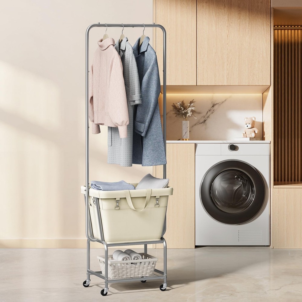 Laundry Cart with Hanging Rack, Rolling Laundry Hamper with Wheels, Laundry B...