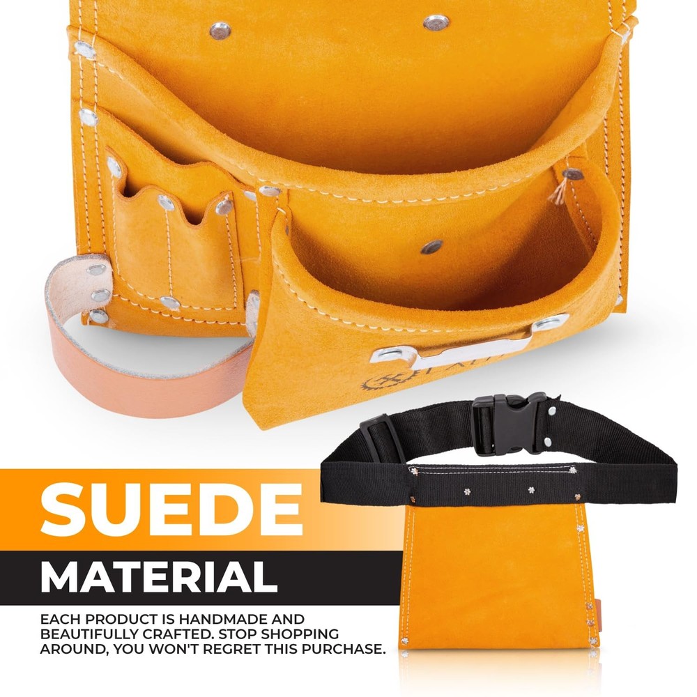 Suede Tool Bag & Adjustable Poly Web Belt | 5 Pockets | Leather Hammer Holder...