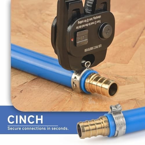 PEX cinch crimp tool with pipe cutter