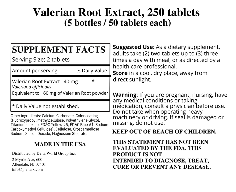 Valerian Root Extract 5 bottles x 50 Coated Tablets (20mg) Экстракт Валерианы