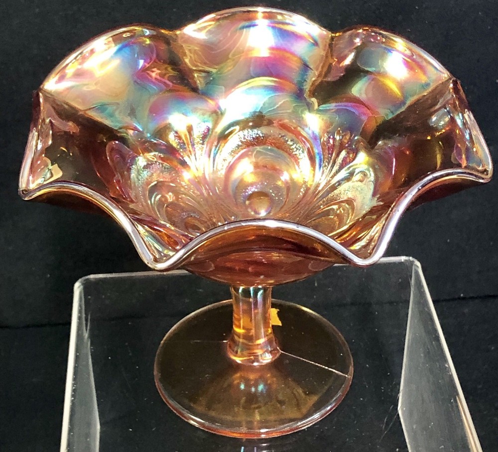 ANTIQUE CARNIVAL GORGEOUS IMPERIAL ELECTRIC MARIGOLD EMBOSSED SCROLL COMPOTE