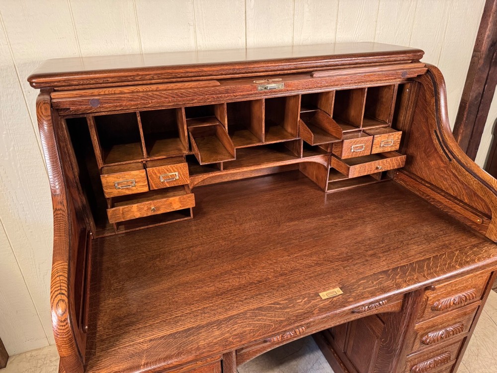 Antique Oak 50" Raised Panel S-Roll Top Desk with Carved Pulls