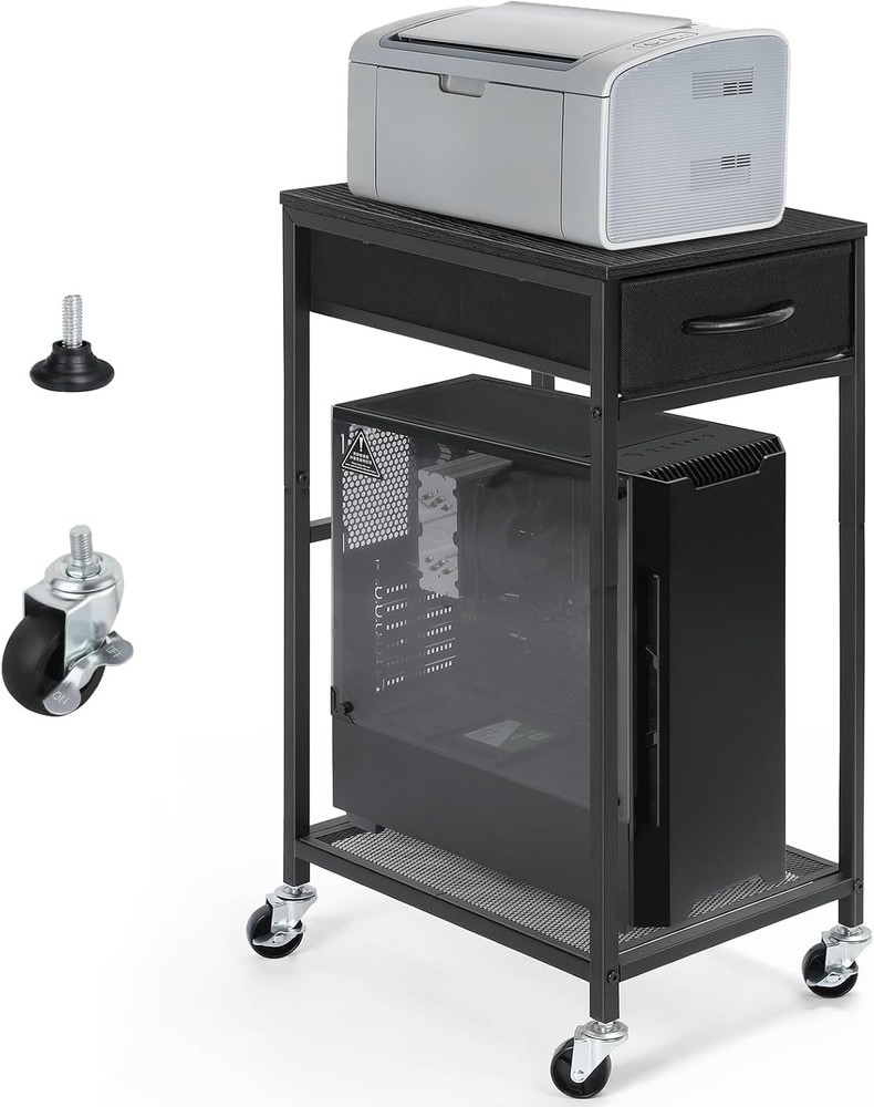 YBING PC Stand 2 Tier Computer Tower with Drawer Mobile Black