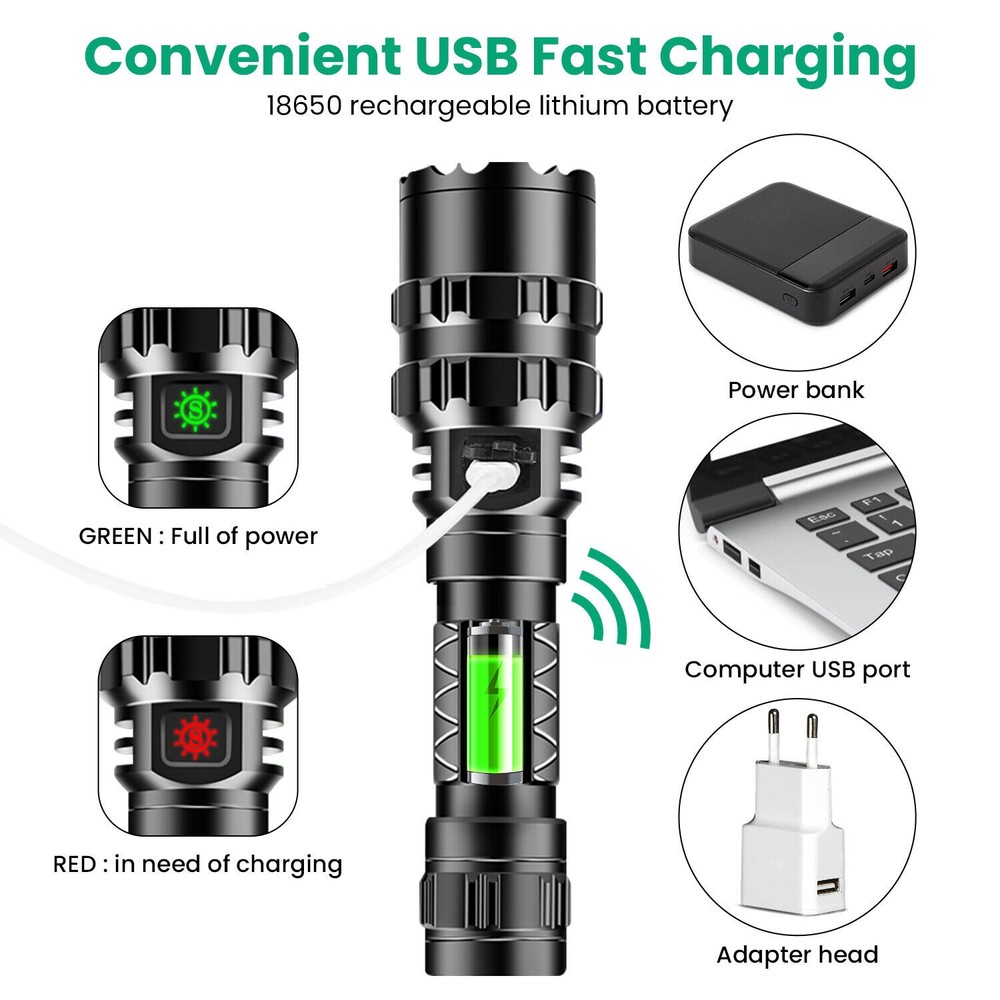 Rechargeable Tactical Flashlight Picatinny Rail Mount 3Modes Zoomable Flashlight