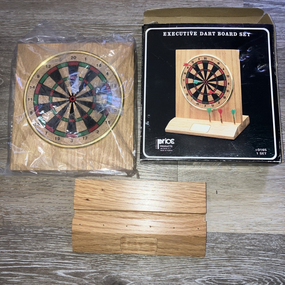 Vintage 80s Executive Mini Desk Dart Set with Solid Oak Board & Brass Top Darts