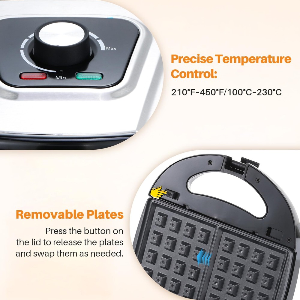 3-in-1 Waffle Maker with Removable Plates, Breakfast Sandwich Press Precise 2...