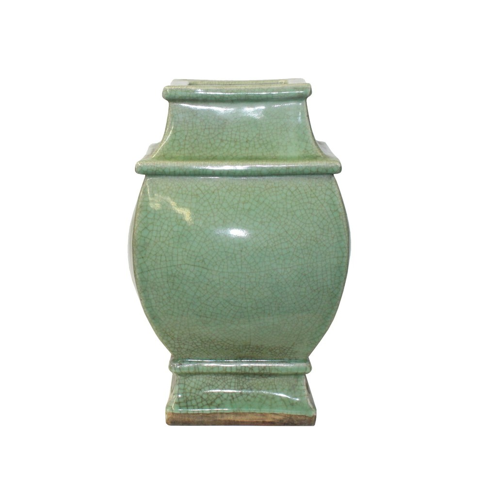 Chinese Ceramic Crackle Pattern Square Curve Body Celadon Green Vase ws1067