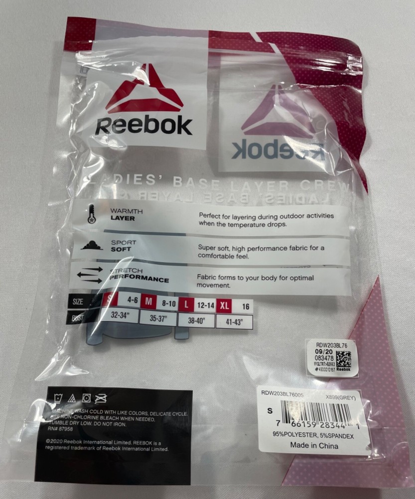 REEBOK PERFORMANCE BASE LAYER LONG SLEEVE SOFT STRETCH CREW DARK GREY