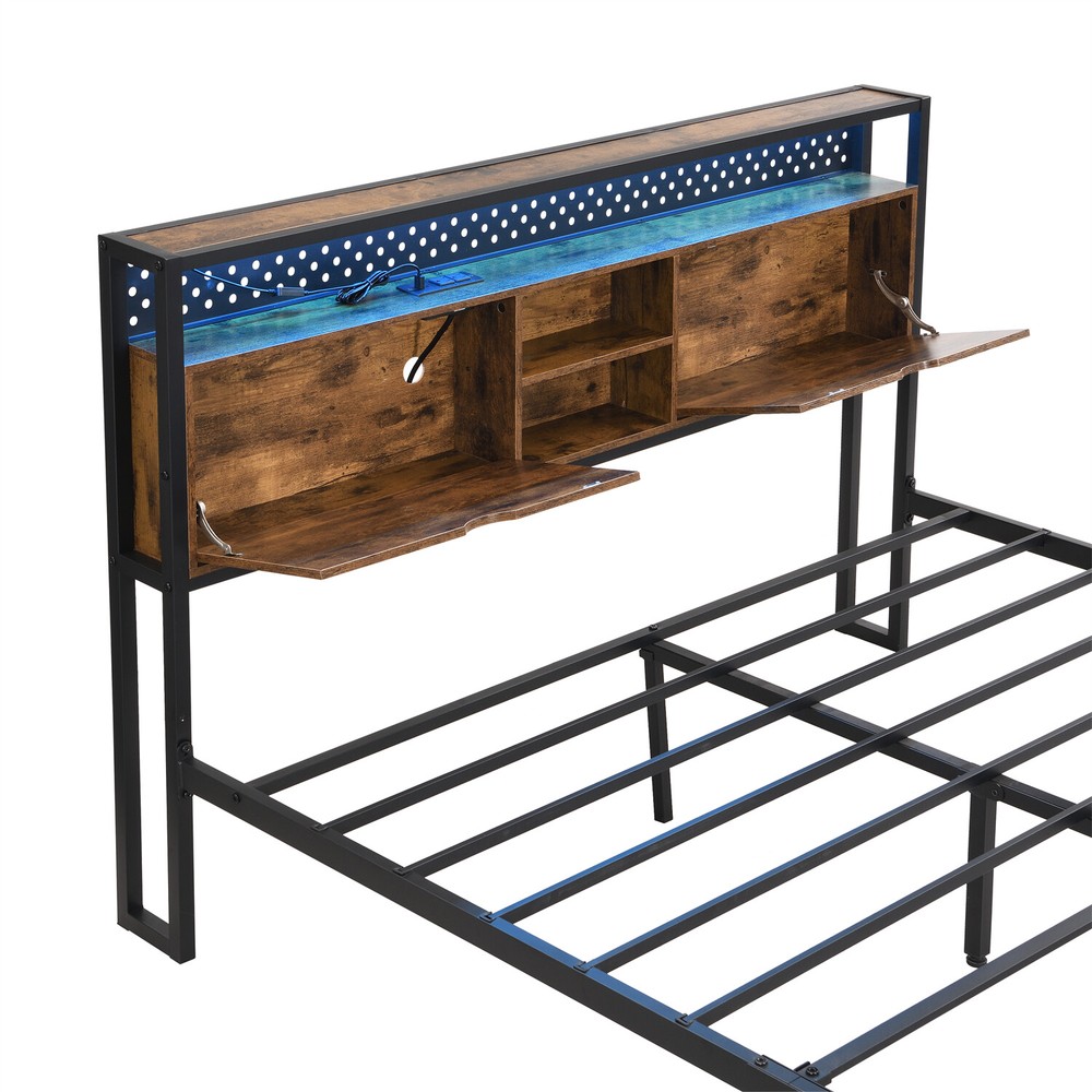 Full/Queen/King Size LED Bed Frame Metal Platform Bed with Charging Station