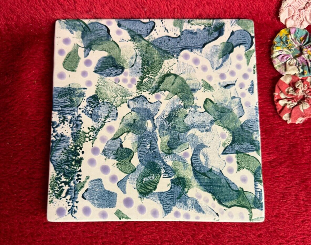 Handpainted Ceramic Tile Trivet Wall Hanging Teal Blue Lilac Abstract Monoprint