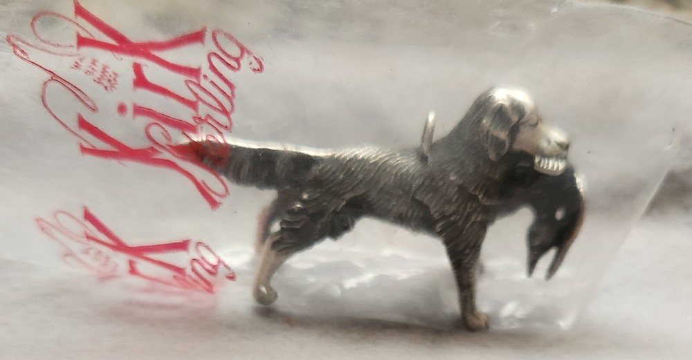 RARE KIRK & SON Solid Cast Sterling Silver Miniature Retriever with Duck & Bale