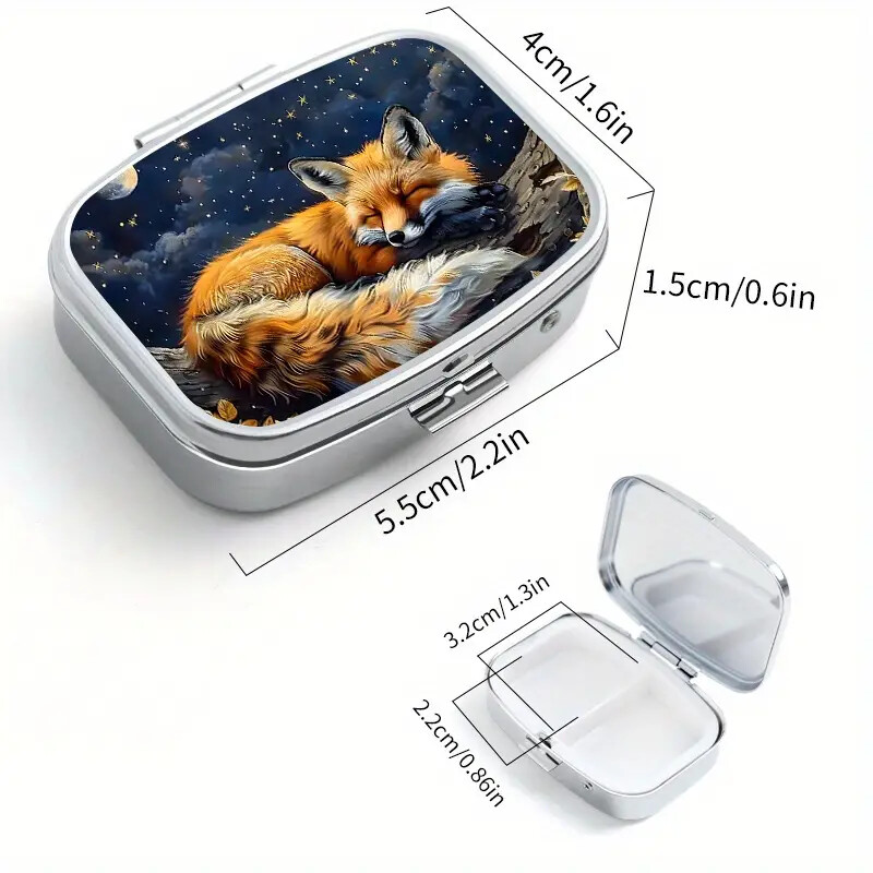Fox Pattern Mini Portable Pill Dispenser with 2 Compartments Travel Pocket Size