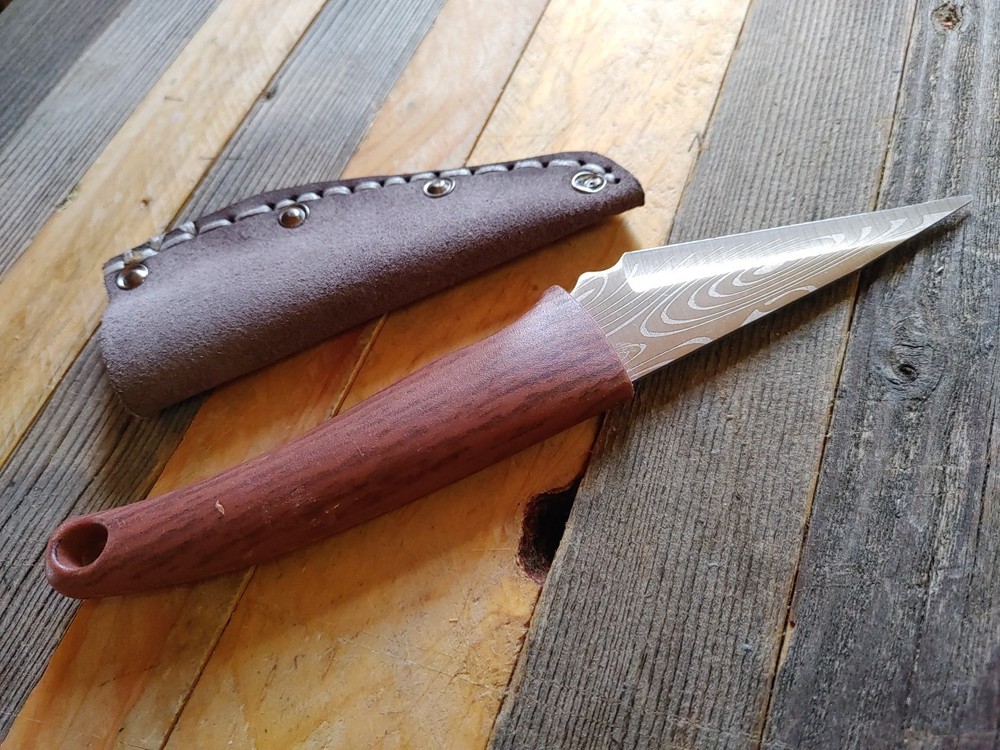 Fixed Blade 3.25" Steel Knife Plastic Handle Leather Sheath Kitchen Camp Skinner