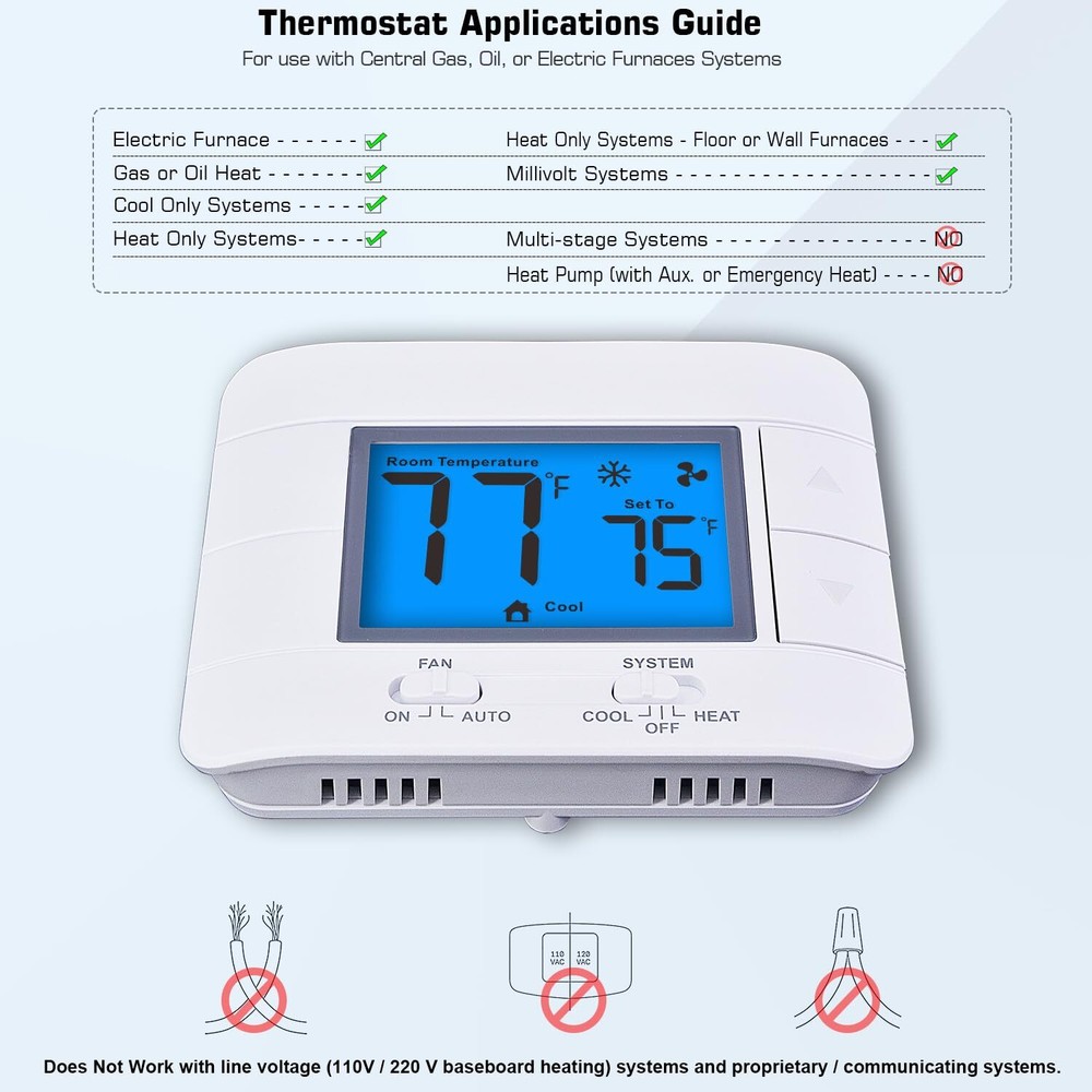 Upgraded Digital Non-Programmable Thermostat for Home 1 Heat/1 Cool Single Stage