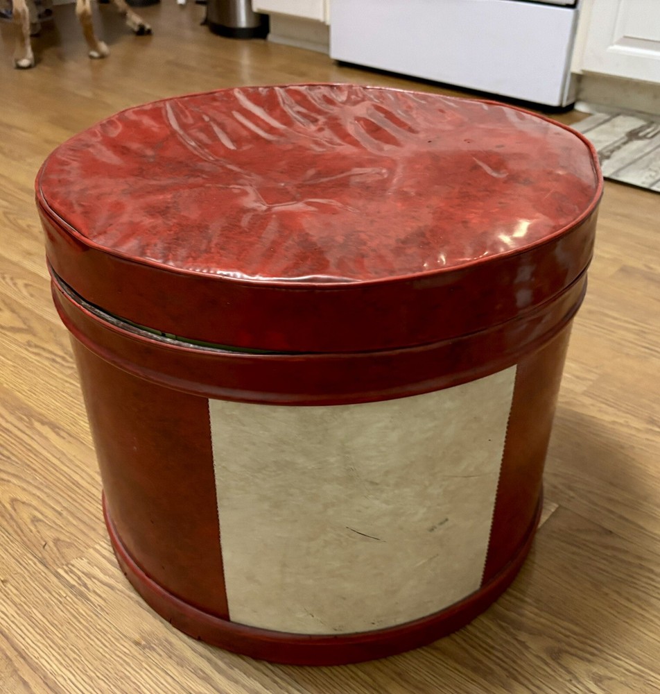 Vintage Mid Century Round Red Foot Stool Storage Hassock