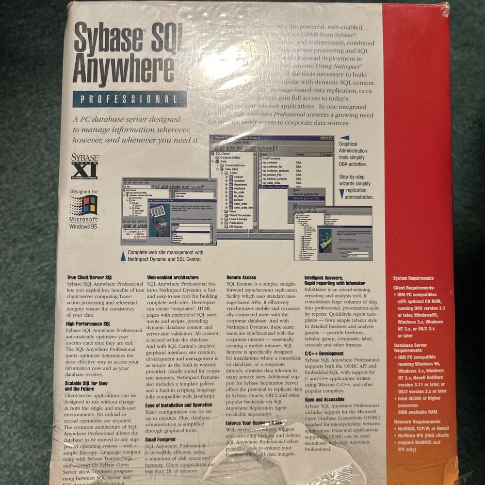 Sybase SQL Anywhere Database Server System XI For Windows 95' New Rare.