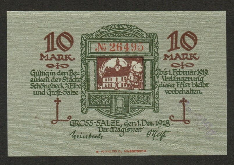 GERMANY BANKNOTE 10 MARK GROSS-SALZE 1918 UNC