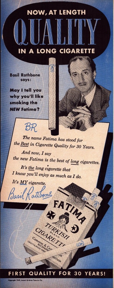1949 Fatima Turkish Cigarettes Print Ad Basil Rathbone Actor
