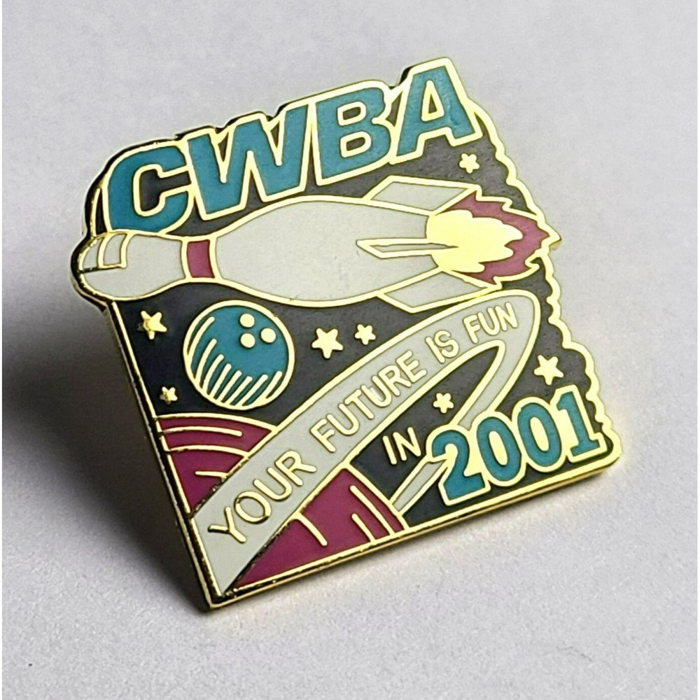 CWBA "Your Future Is Fun In 2001" Bowling Space Rocket Enamel Lapel Pin