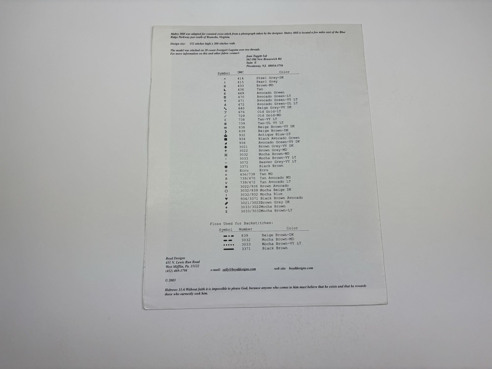 Boyd Designs Mabry Mill Counted Cross Stitch Pattern 6R