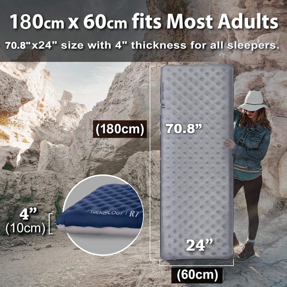 Ultralight Camping Sleeping Pad 4" Thick 7.2 R-Value Waterproof Compact