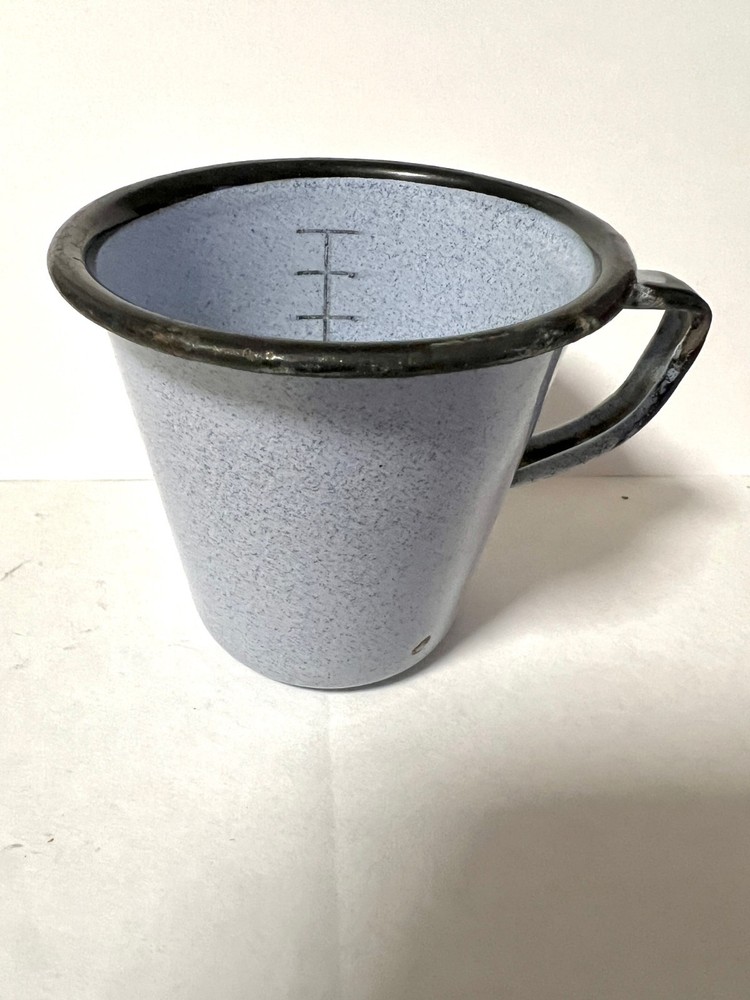 VINTAGE AUTHENTIC US NAVY BLUE/GREY ENAMELWARE MEASURING CUP USN