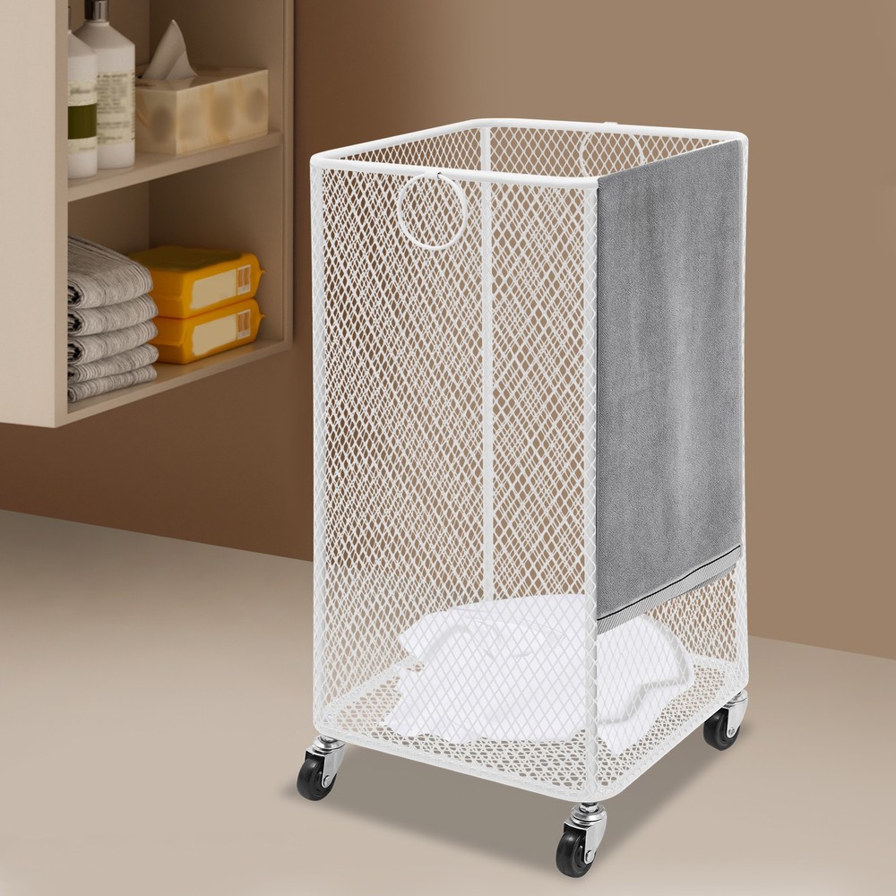 White Rolling Laundry Basket with Wheels Freestanding Square Iron Laundry Basket