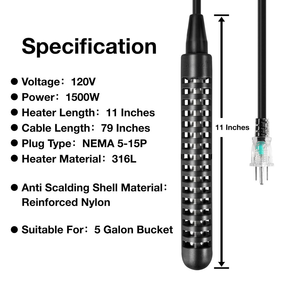 GRILLME 1500W Immersion Water Heater with Intelligent Temperature Controller,Ful