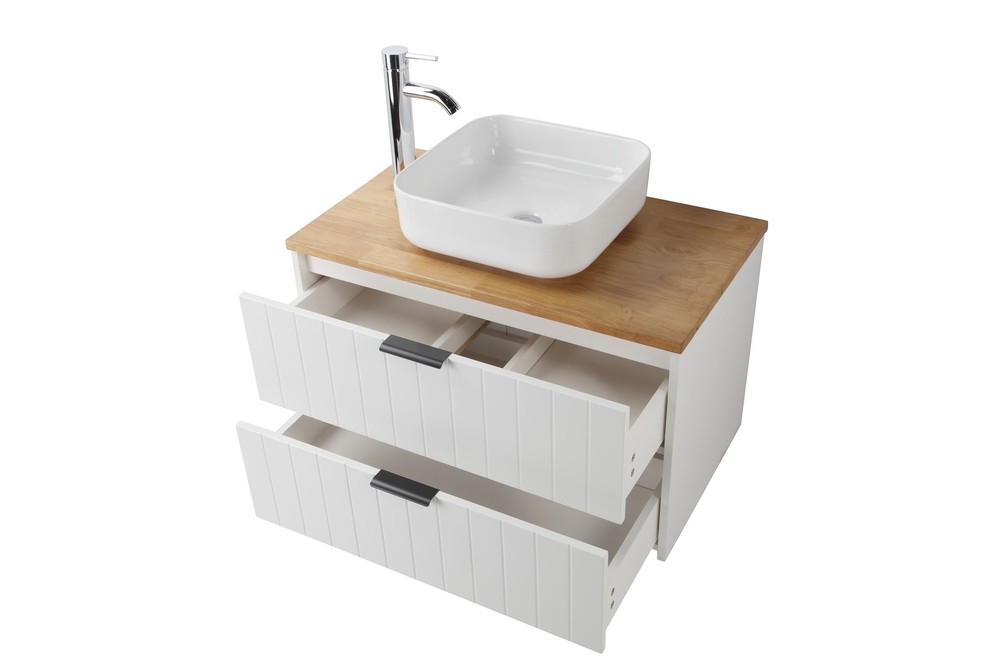 32" Double Drawer Wall-Mounted Bathroom Vanity,White Cabinet w/Ceramic Sink