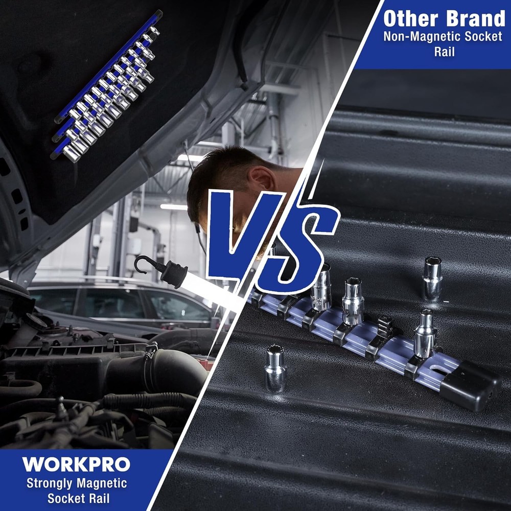 WORKPRO Magnetic Socket Organizer Set, 3-Piece Aluminum Alloy Socket Rail, Heavy