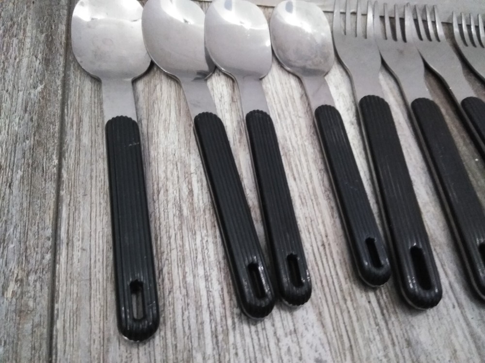 Vtg MCM Modern Flatware BLACK Plastic Handles Square Style MIC Stainless 16-PCS