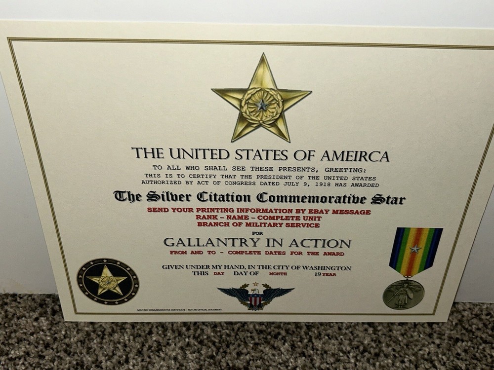 WW1 - SILVER CITATION COMMEMORATIVE CERTIFICATE ~ CUSTOM PRINTING T-1