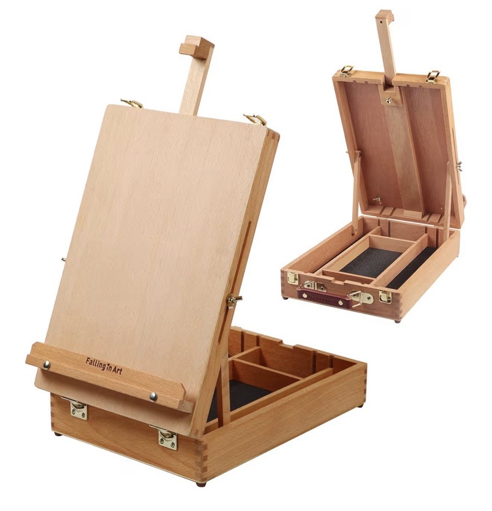 Falling in Art Wooden Tabletop Easel, Solid Wood Sketchbox Desktop Easel