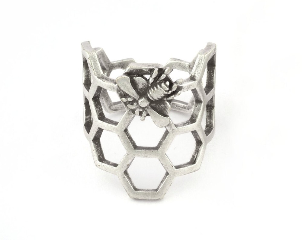 Honey Comb Ring, Bee Ring, Adjustable Antique Silver plated brass 8US size 5213