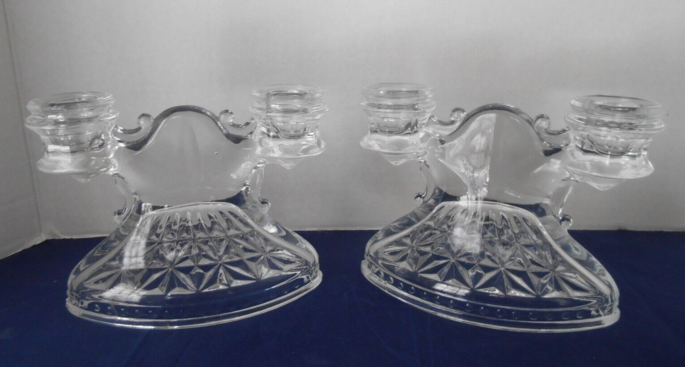 Vintage LE Smith Depression Mount Pleasant Shield Clear Glass Candleholders