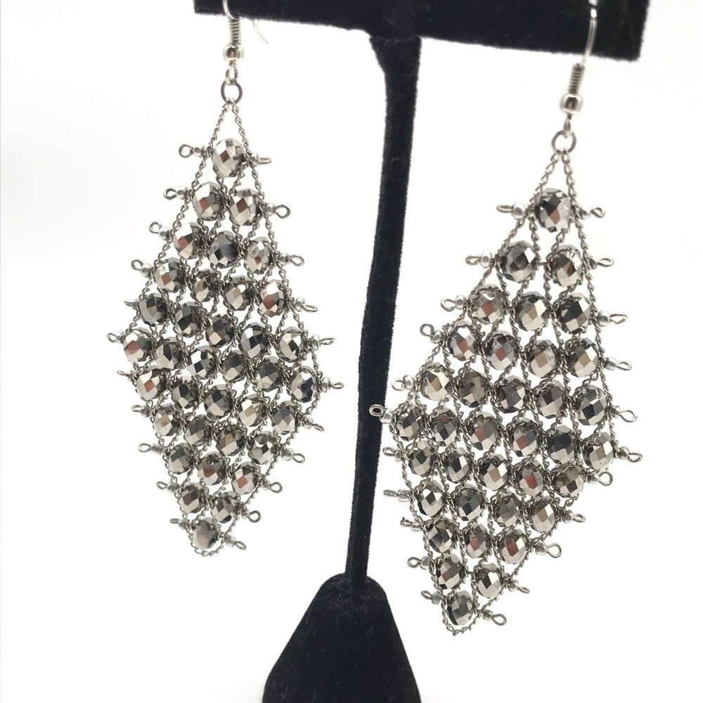 Faceted Glass Silver Tone Long Glam Cocktail Statement Dangle Earrings 4.25"
