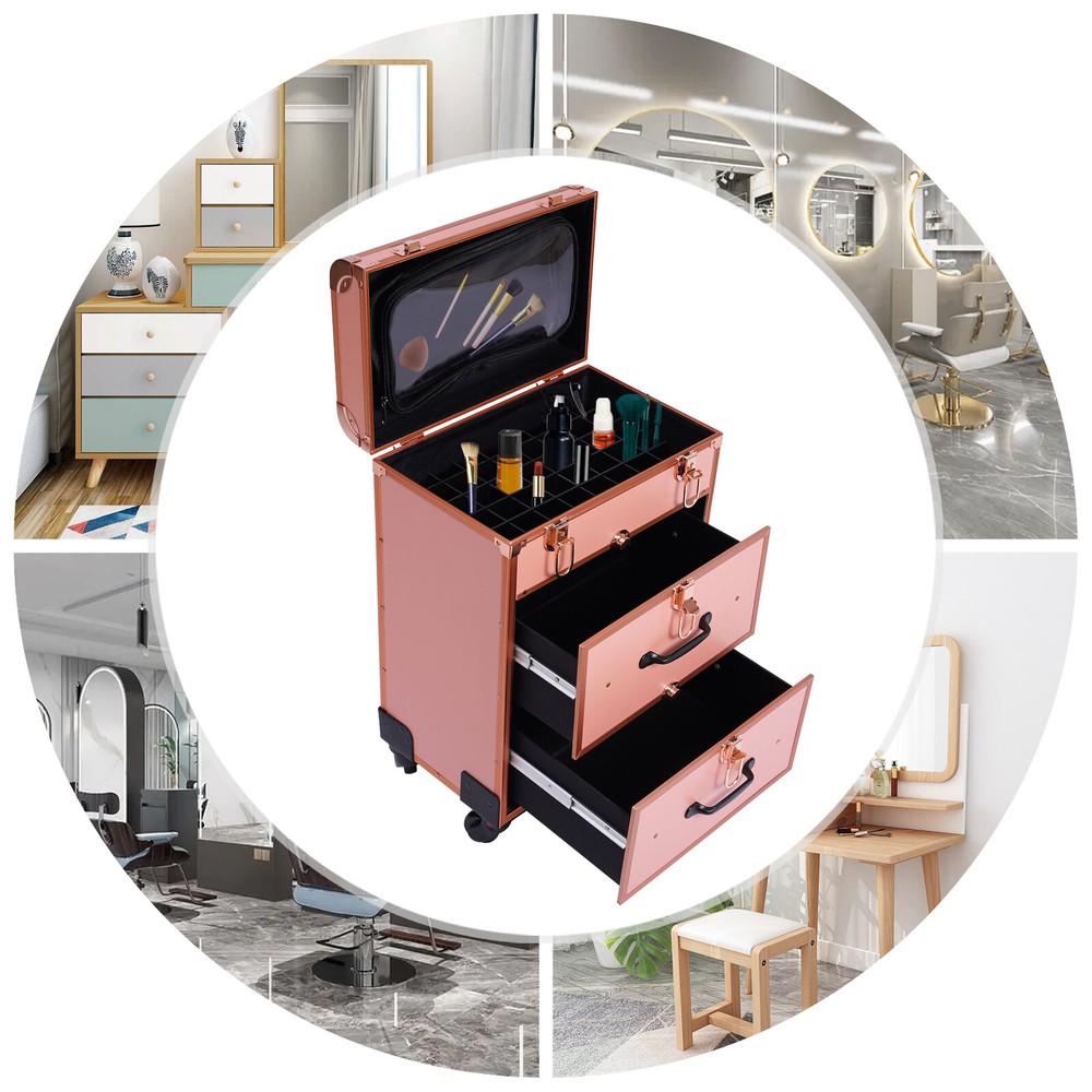 Rolling Makeup Case for Make-Up Artists  Nail Technicians Beauticians Rose Gold